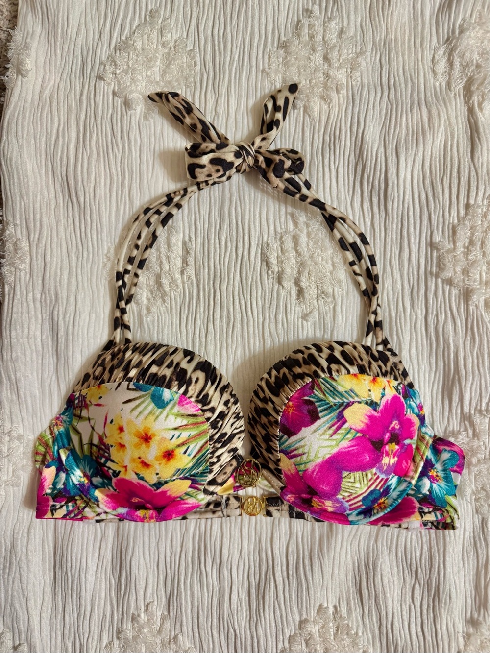 Victoria's Secret Size 34 B bikini top with tropical flora and leopard print